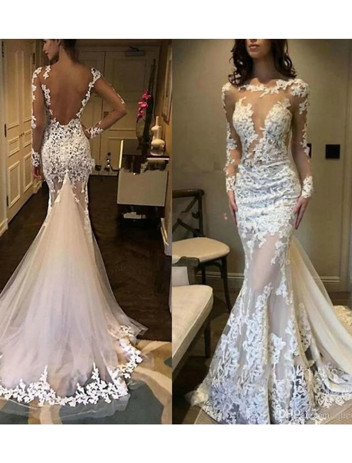 Mermaid Lace Long Sleeve Pleated Wedding Gown - Chloe Dress