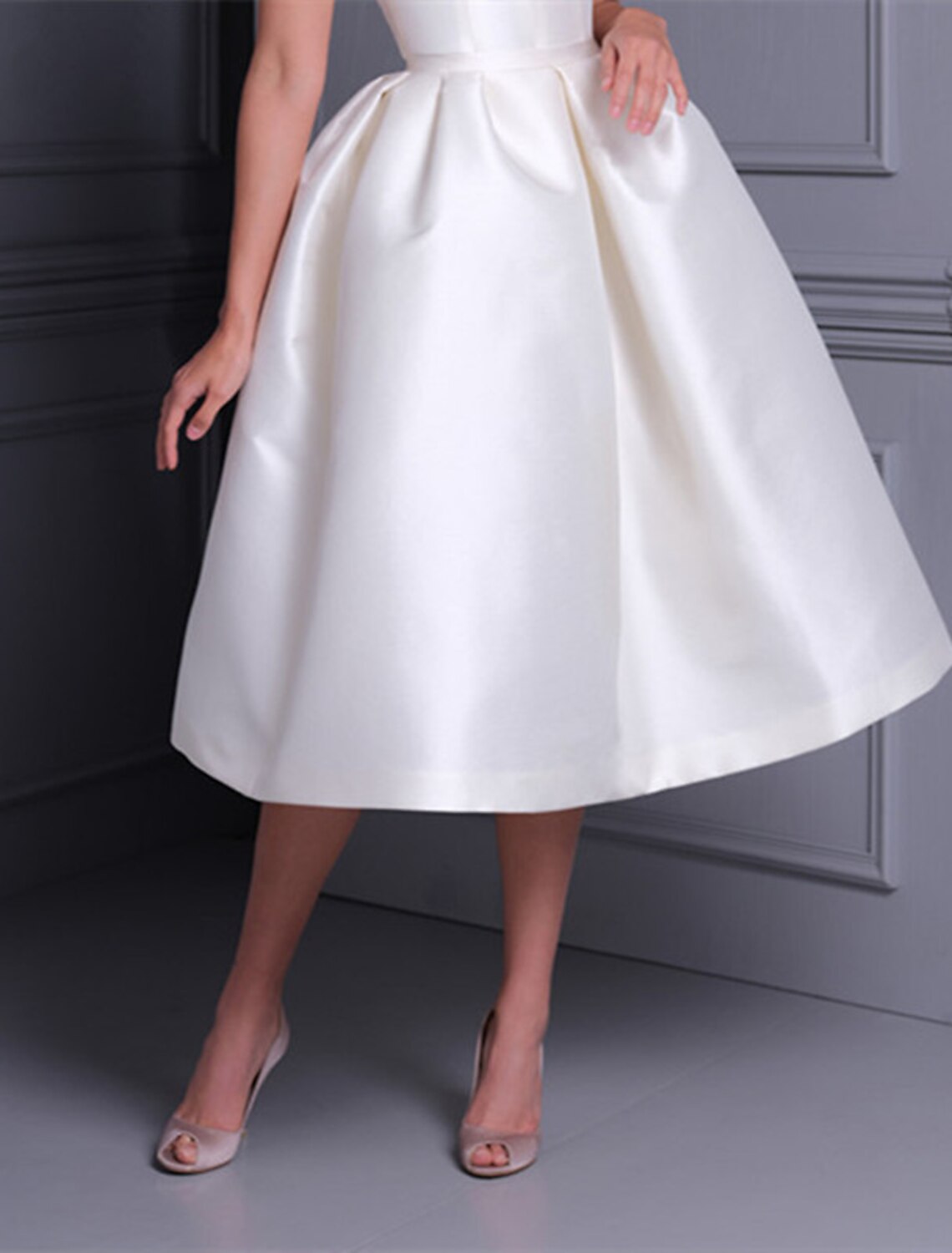 White A-Line Off-Shoulder Satin Cap Sleeve Tea-Length Wedding Gown - Chloe Dress