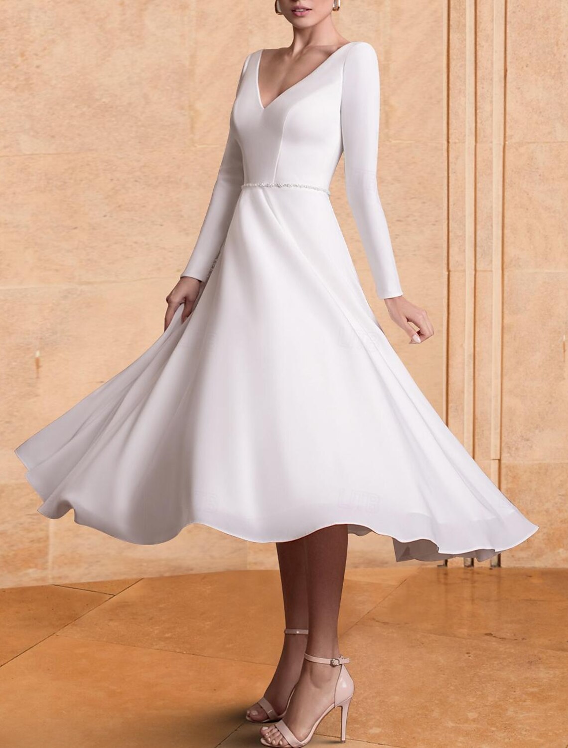 White A-Line V-Neck Chiffon Long Sleeve Pleated Tea-Length Wedding Gown - Chloe Dress