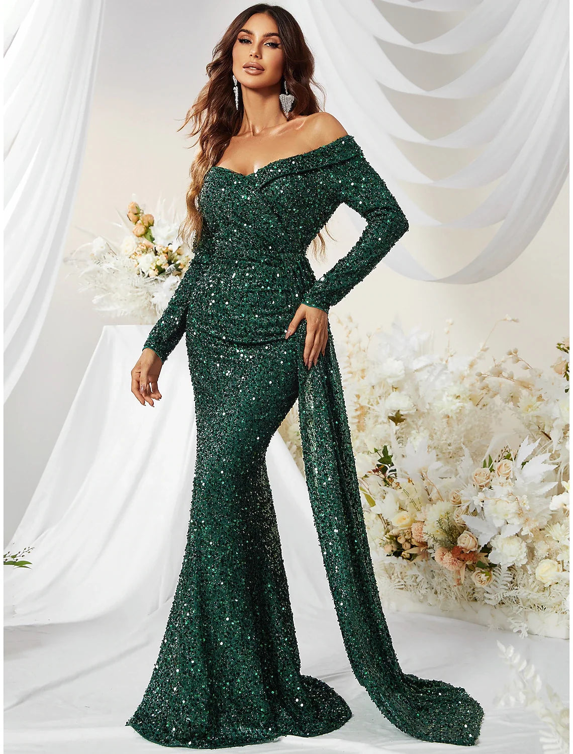 Green Mermaid Off-Shoulder Sequin Long Sleeve Train Evening Gown - Chloe Dress