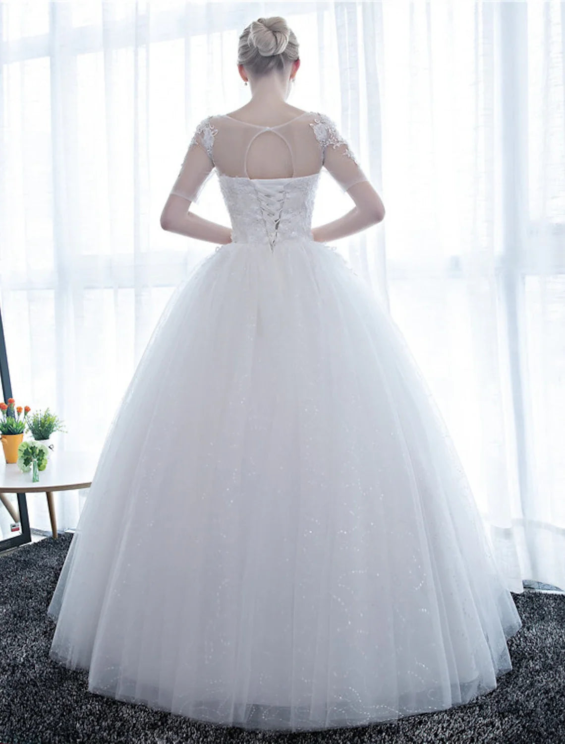Ball Gown Illusion Satin Floor-Length Wedding Gown - Chloe Dress