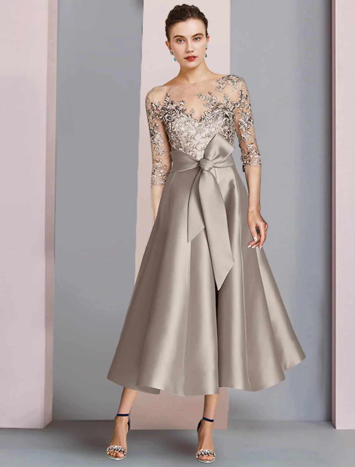 A-Line Satin Applique Tea-Length Wedding Dress - Chloe Dress