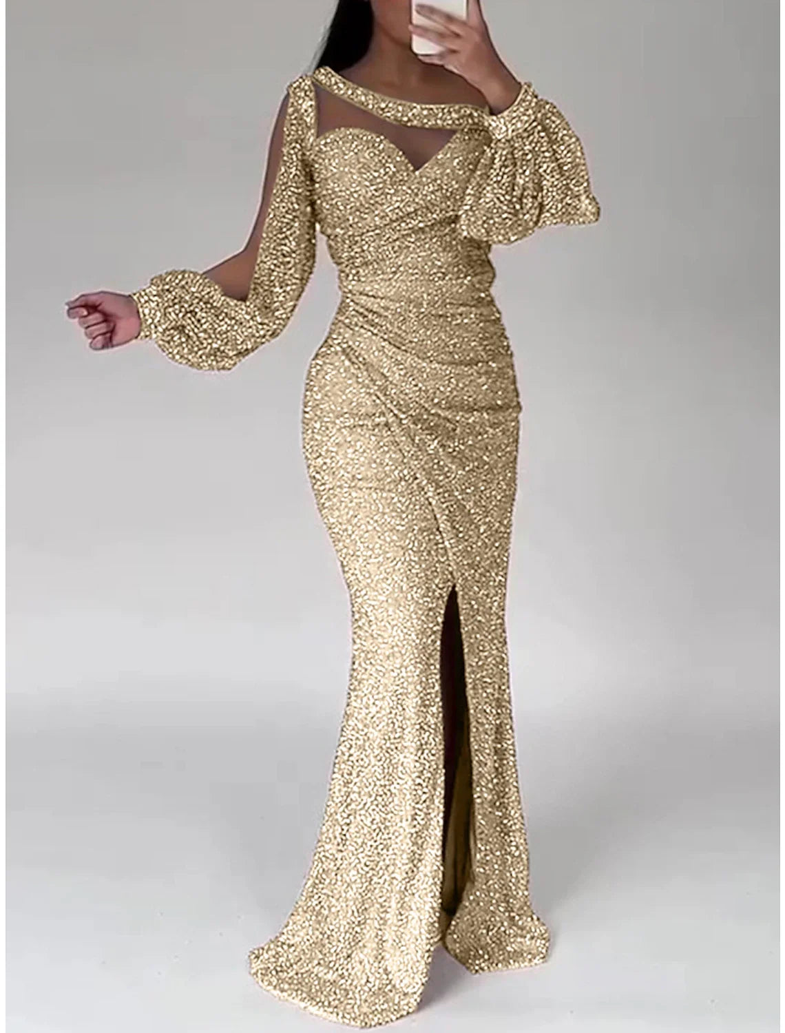 Green Mermaid Sequin Long Sleeve High Slit Evening Gown - Chloe Dress