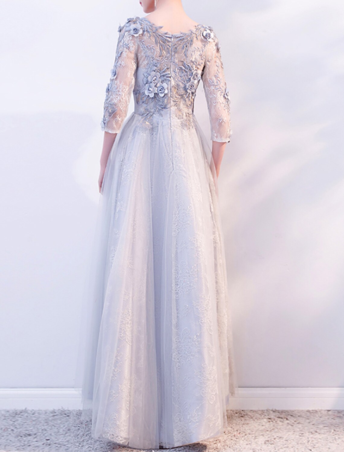 A-Line Tulle Three-Quarter Sleeve Applique Floor-Length Evening Gown - Chloe Dress