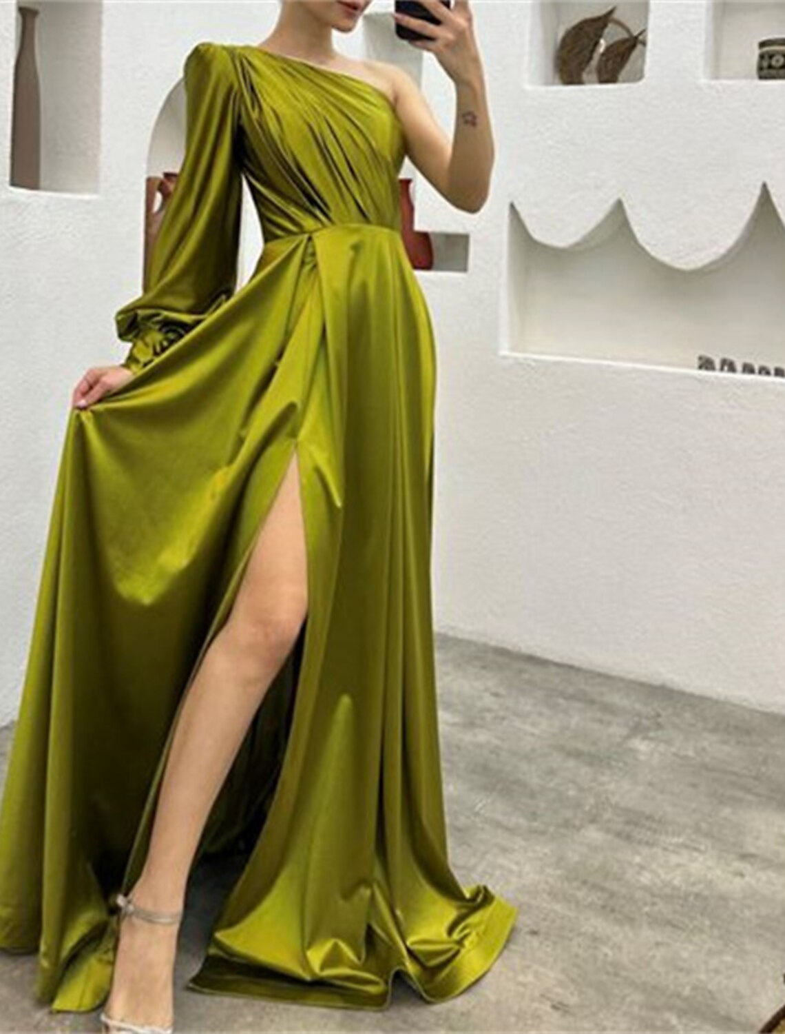 A-Line One-Shoulder Long Sleeve High Slit Evening Gown - Chloe Dress