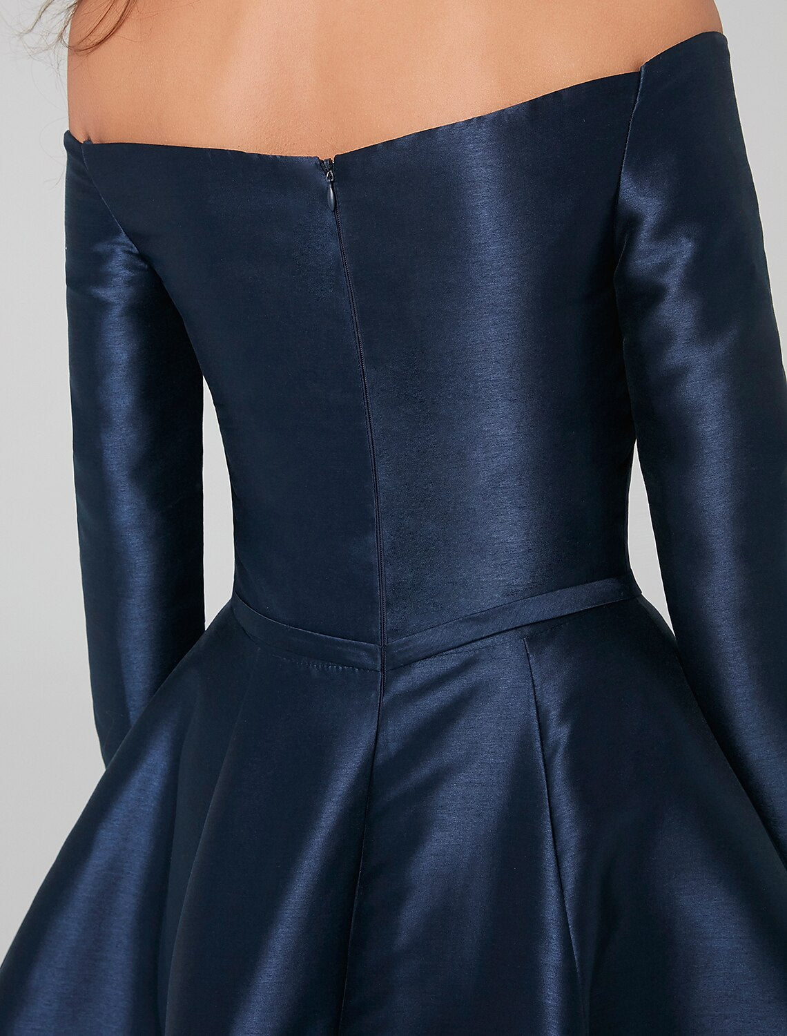 A-Line Off-Shoulder Satin Long Sleeve Pleated Knee-Length Wedding Dress - Chloe Dress