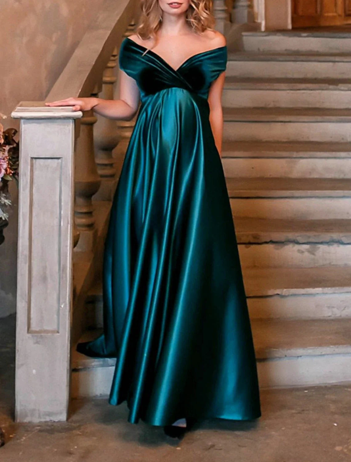 Green A-Line V-Neck Short Sleeve Floor-Length Evening Gown - Chloe Dress