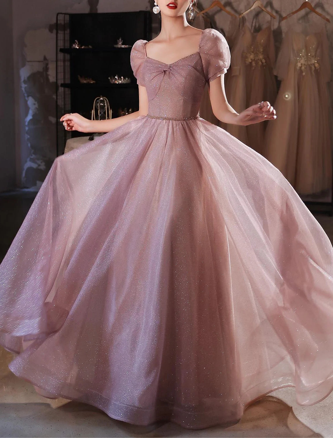 A-Line Sweetheart Lace Short Sleeve Floor-Length Evening Dress - Chloe Dress