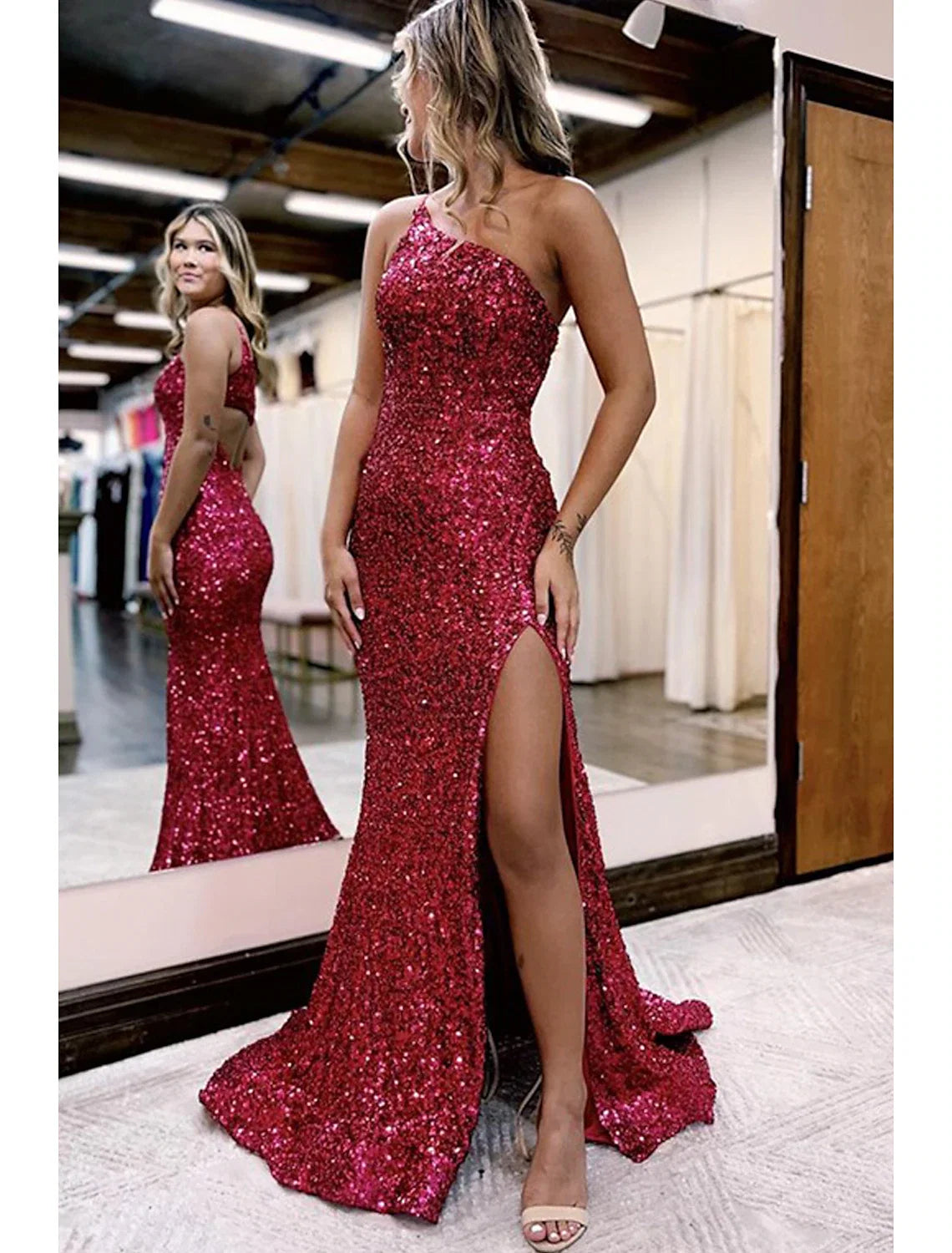 Mermaid One-Shoulder Sequin Sleeveless High Slit Prom Dress - Chloe Dress