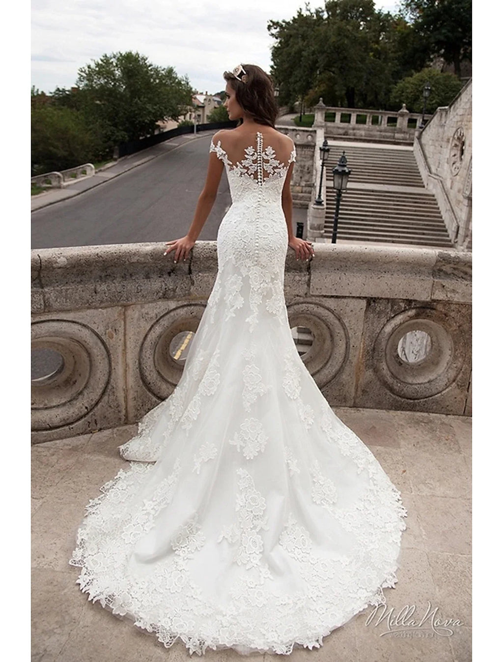 Mermaid Off-Shoulder Lace Cap Sleeve Open Back Train Wedding Gown - Chloe Dress