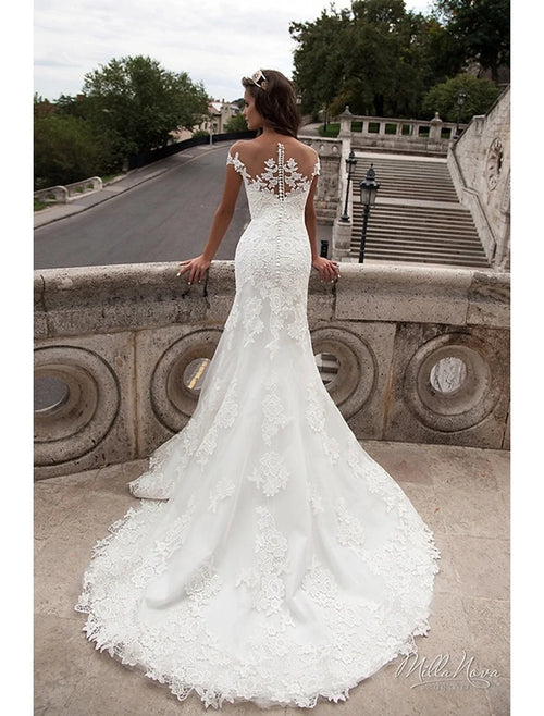Mermaid Off-Shoulder Lace Cap Sleeve Open Back Train Wedding Gown - Chloe Dress