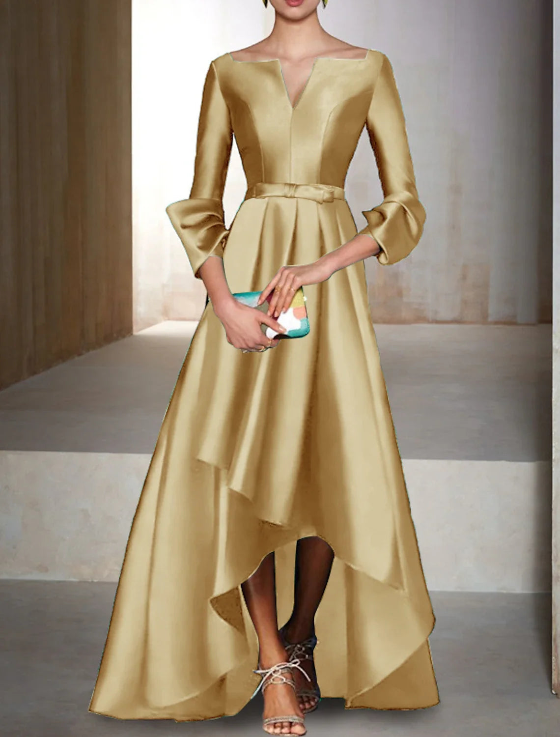 Green A-Line V-Neck Satin Three-Quarter Sleeve Floor-Length Evening Gown - Chloe Dress