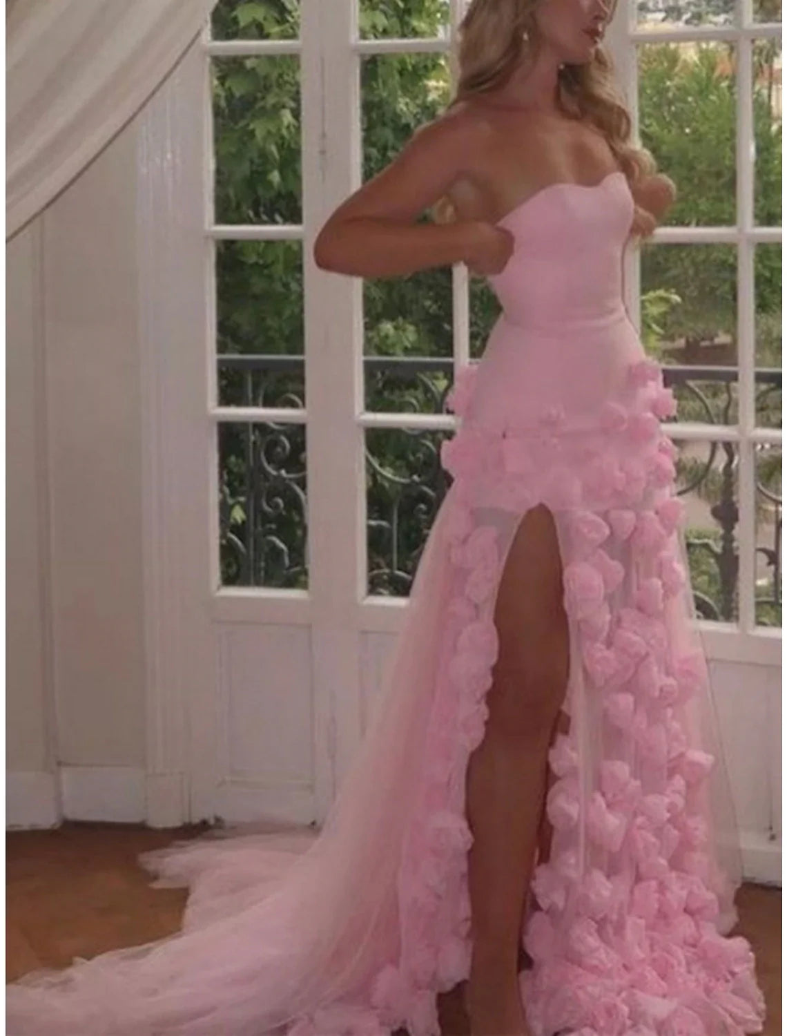 A-Line Strapless Tulle Sleeveless High Slit Prom Dress - Chloe Dress
