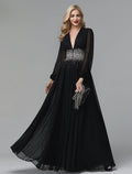 Black A-Line V-Neck Chiffon Long Sleeve Floor-Length Evening Gown - Chloe Dress