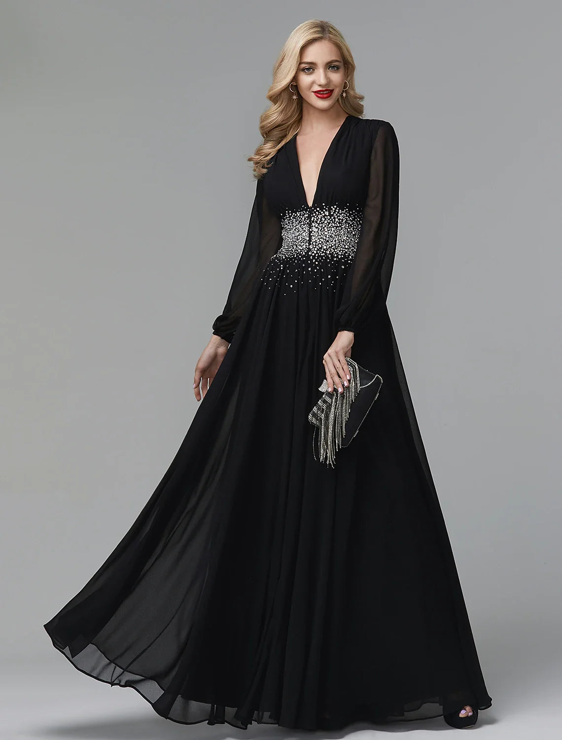 Black A-Line V-Neck Chiffon Long Sleeve Floor-Length Evening Gown - Chloe Dress