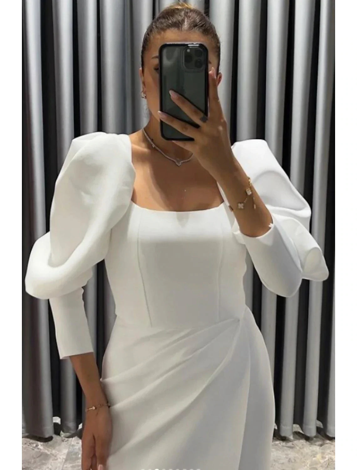 Black Sheath Square Neck Three-Quarter Sleeve High Slit Evening Gown - Chloe Dress