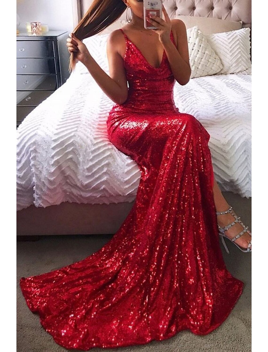 Mermaid Strapless Sequin Sleeveless Backless Train Prom Dress - Chloe Dress