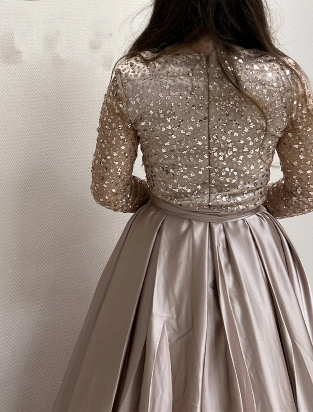A-Line V-Neck Satin Long Sleeve Train Evening Gown - Chloe Dress