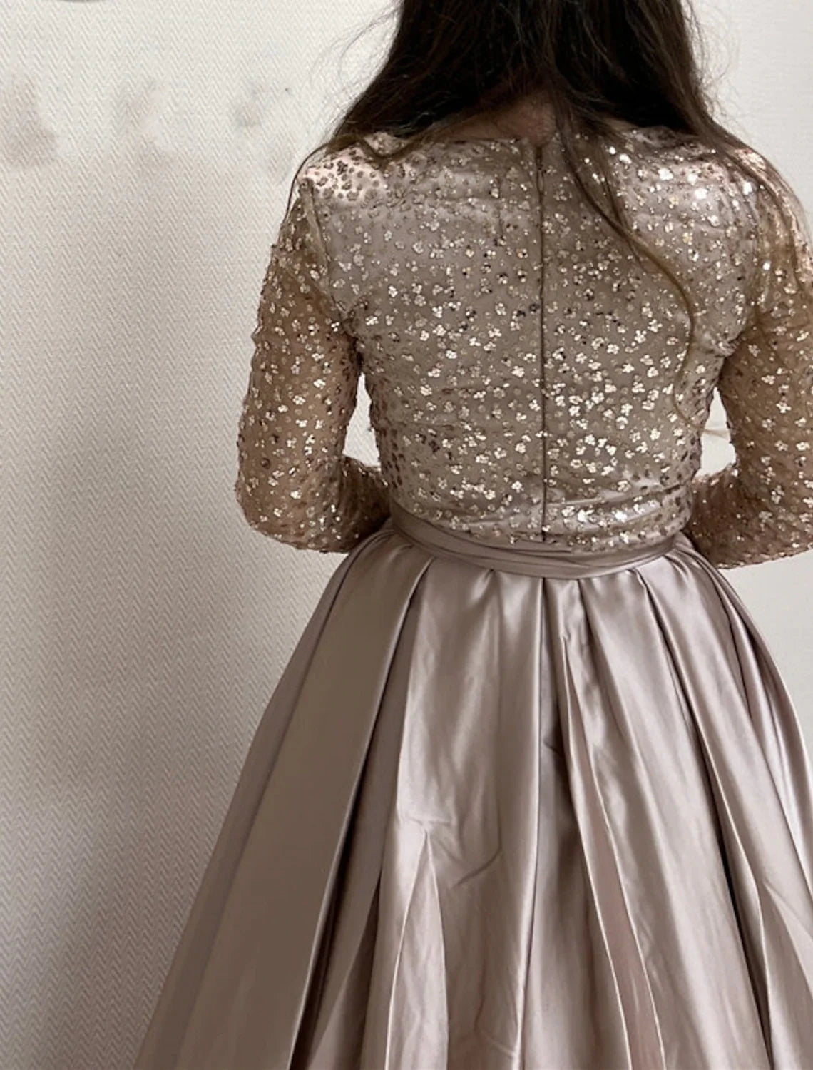 A-Line V-Neck Satin Long Sleeve Train Evening Gown - Chloe Dress