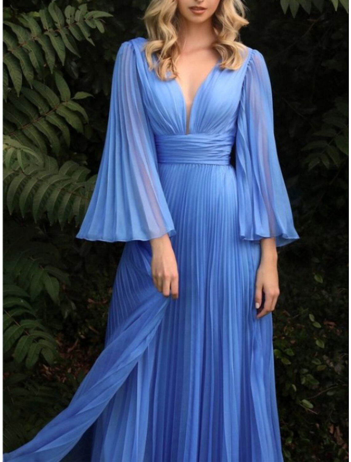 Sheath V-Neck Chiffon Long Sleeve Pleated Floor-Length Wedding Dress - Chloe Dress
