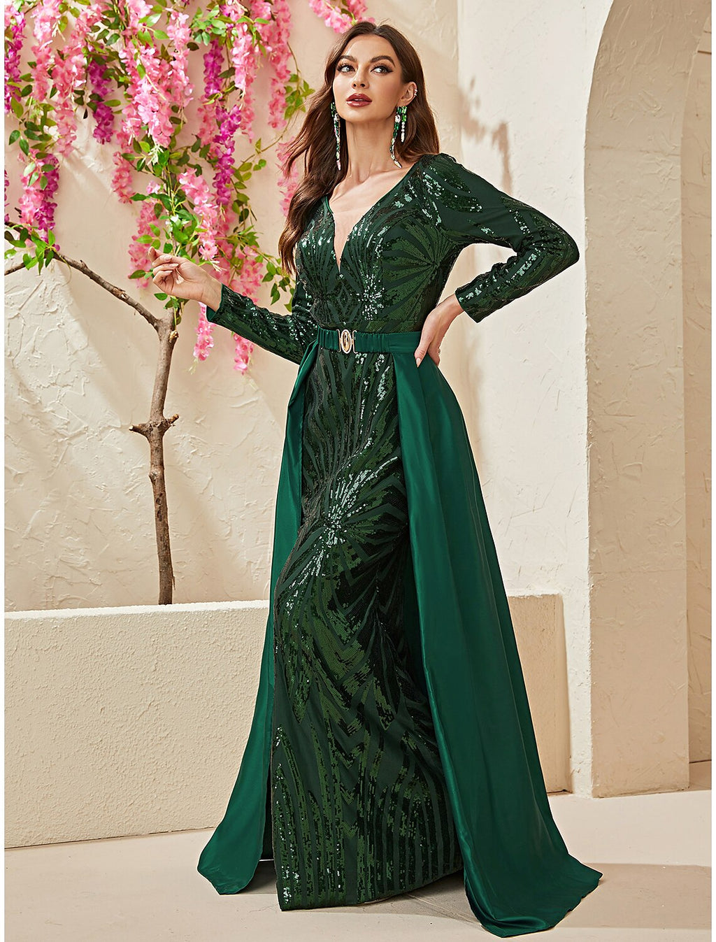 Mermaid V-Neck Sequin Long Sleeve Train Evening Gown - Chloe Dress