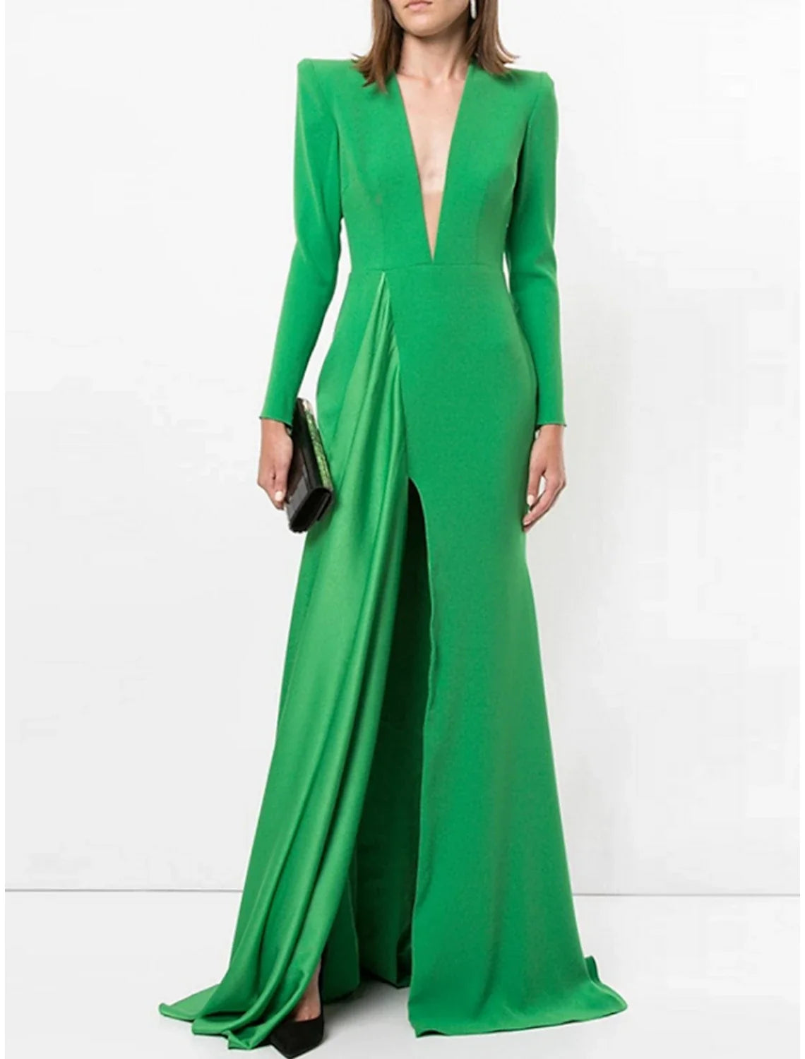 Champagne A-Line V-Neck Long Sleeve High Slit Evening Gown - Chloe Dress