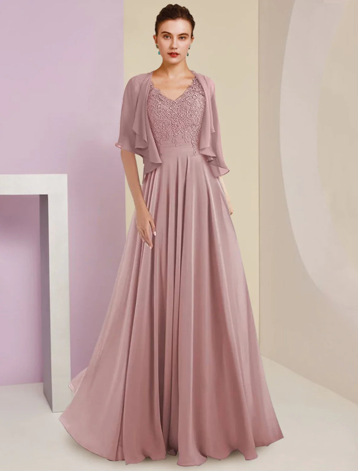 A-Line V-Neck Chiffon Three-Quarter Sleeve Pleated Wedding Dress - Chloe Dress