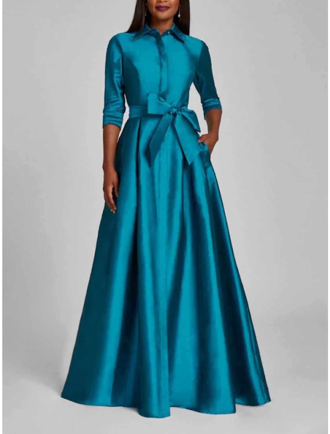 Champagne A-Line Satin Pleated Floor-Length Evening Gown - Chloe Dress