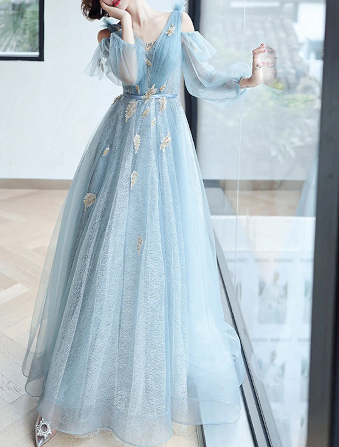 A-Line V-Neck Sequin Long Sleeve Floor-Length Evening Dress - Chloe Dress