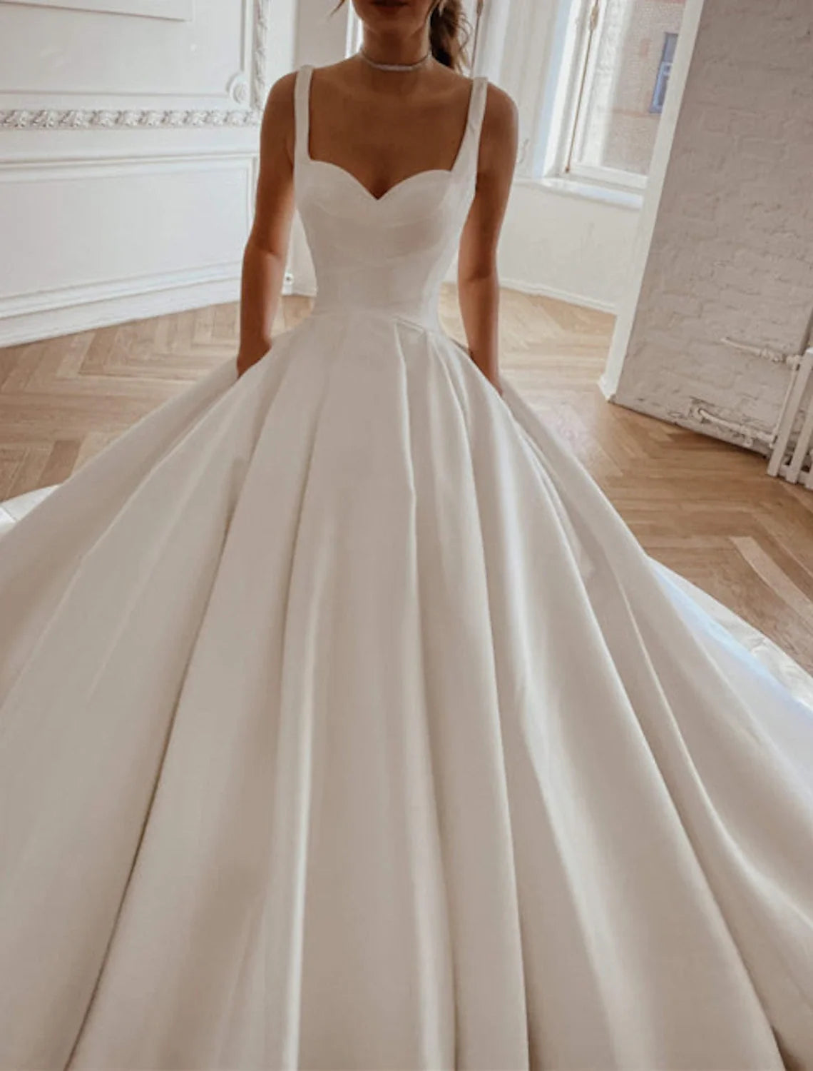 Ball Gown Square Neck Satin Sleeveless Train Wedding Gown - Chloe Dress