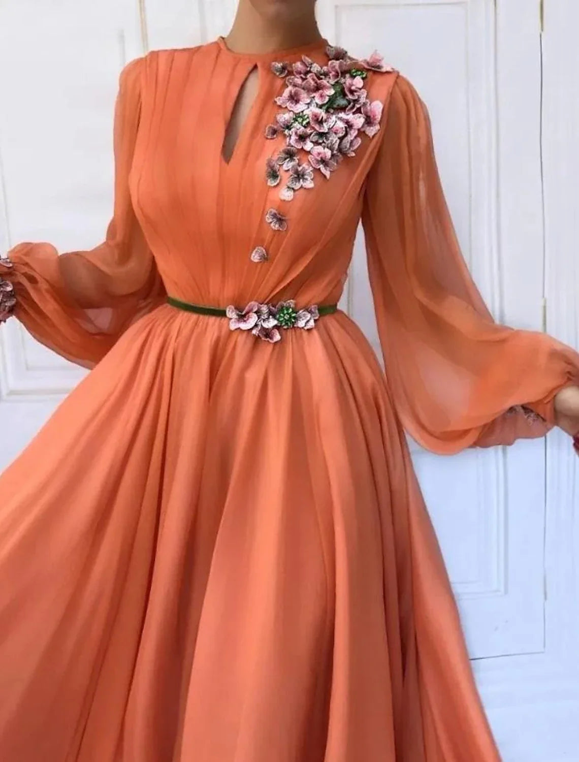 A-Line Chiffon Long Sleeve Pleated Floor-Length Prom Dress - Chloe Dress