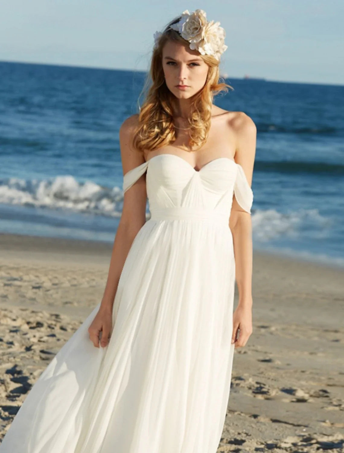 A-Line Off-Shoulder Chiffon Cap Sleeve Pleated Floor-Length Wedding Gown - Chloe Dress