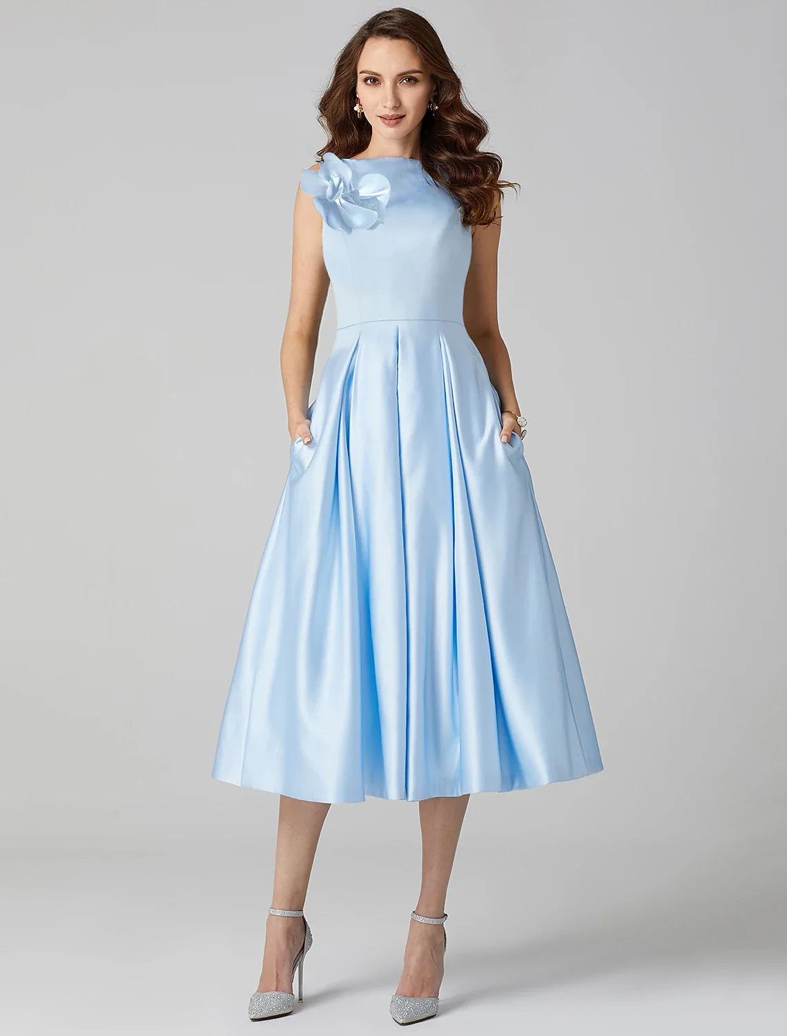 A-Line Satin Sleeveless Pleated Tea-Length Wedding Dress - Chloe Dress