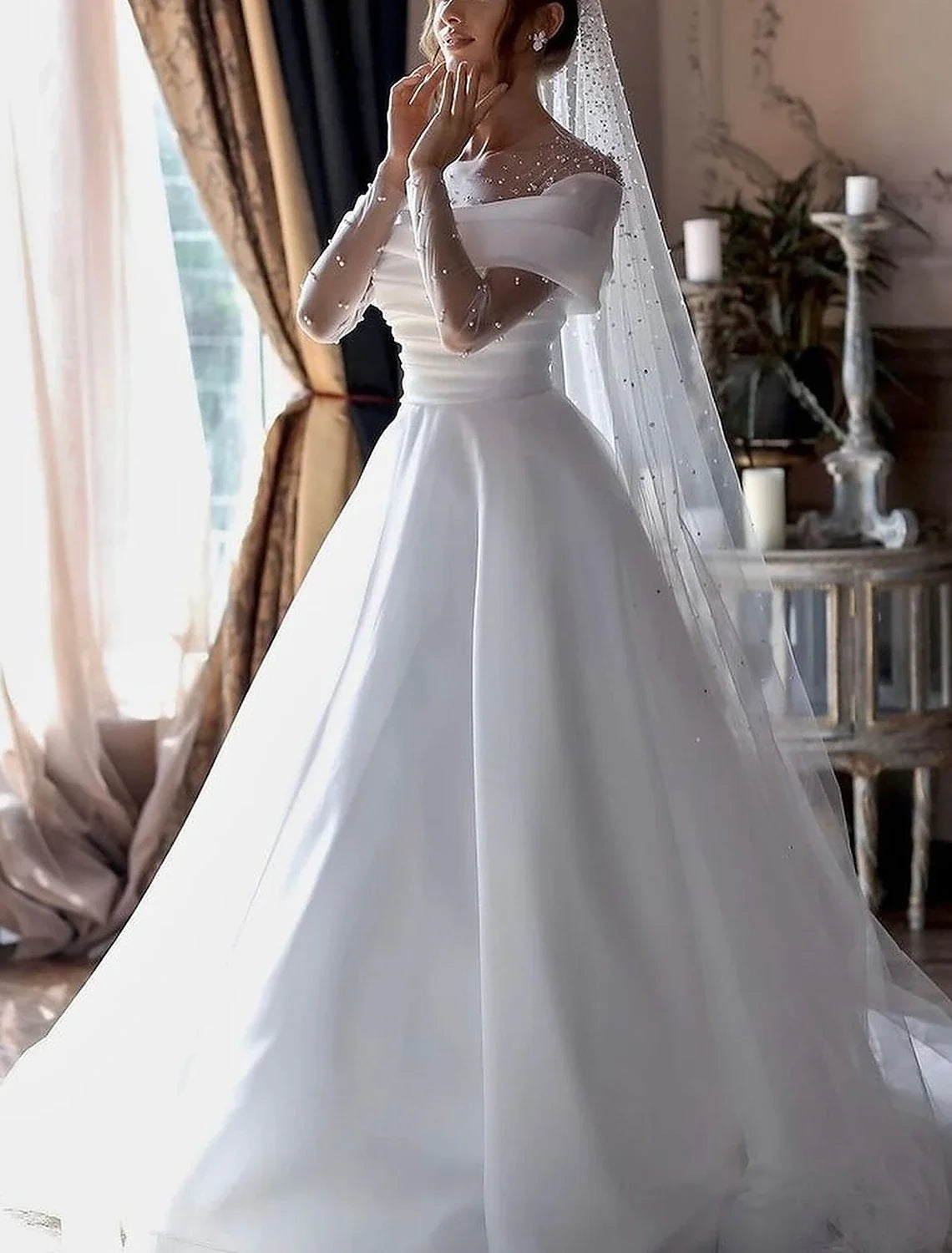 A-Line V-Neck Chiffon Long Sleeve Pleated Wedding Gown - Chloe Dress