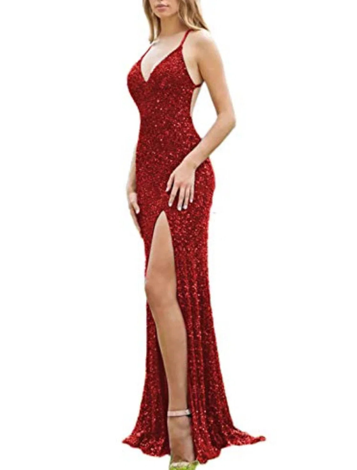 Mermaid Halter Sequin Sleeveless Open Back High Slit Prom Dress - Chloe Dress