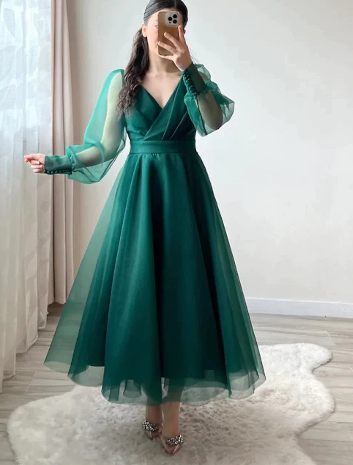 Green A-Line V-Neck Organza Long Sleeve Button Back Mini Wedding Dress - Chloe Dress