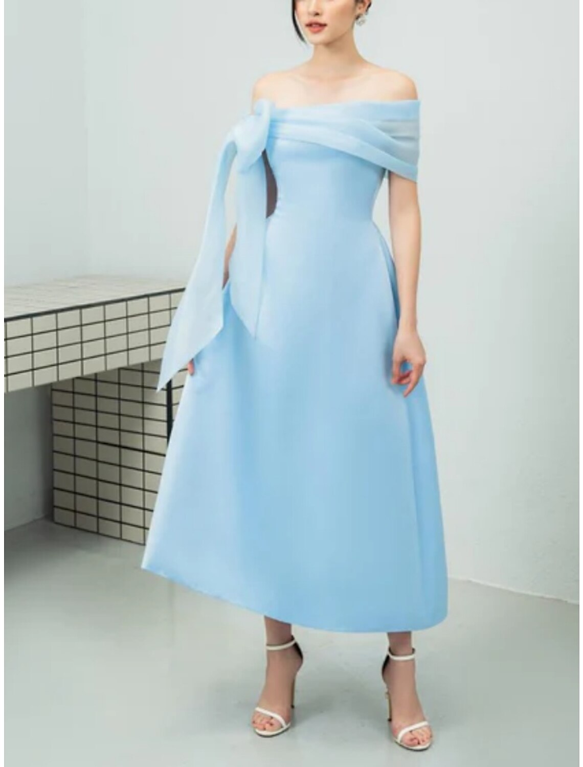 A-Line Off-Shoulder Silk Short Sleeve Pleated Mini Evening Gown - Chloe Dress