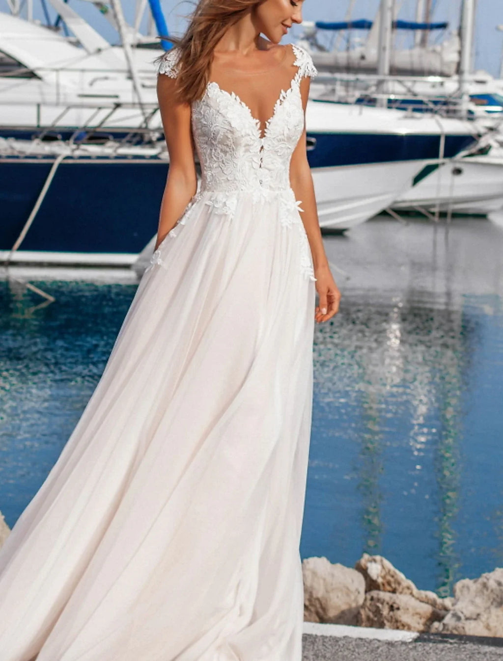 A-Line V-Neck Lace Cap Sleeve Applique Floor-Length Wedding Gown - Chloe Dress