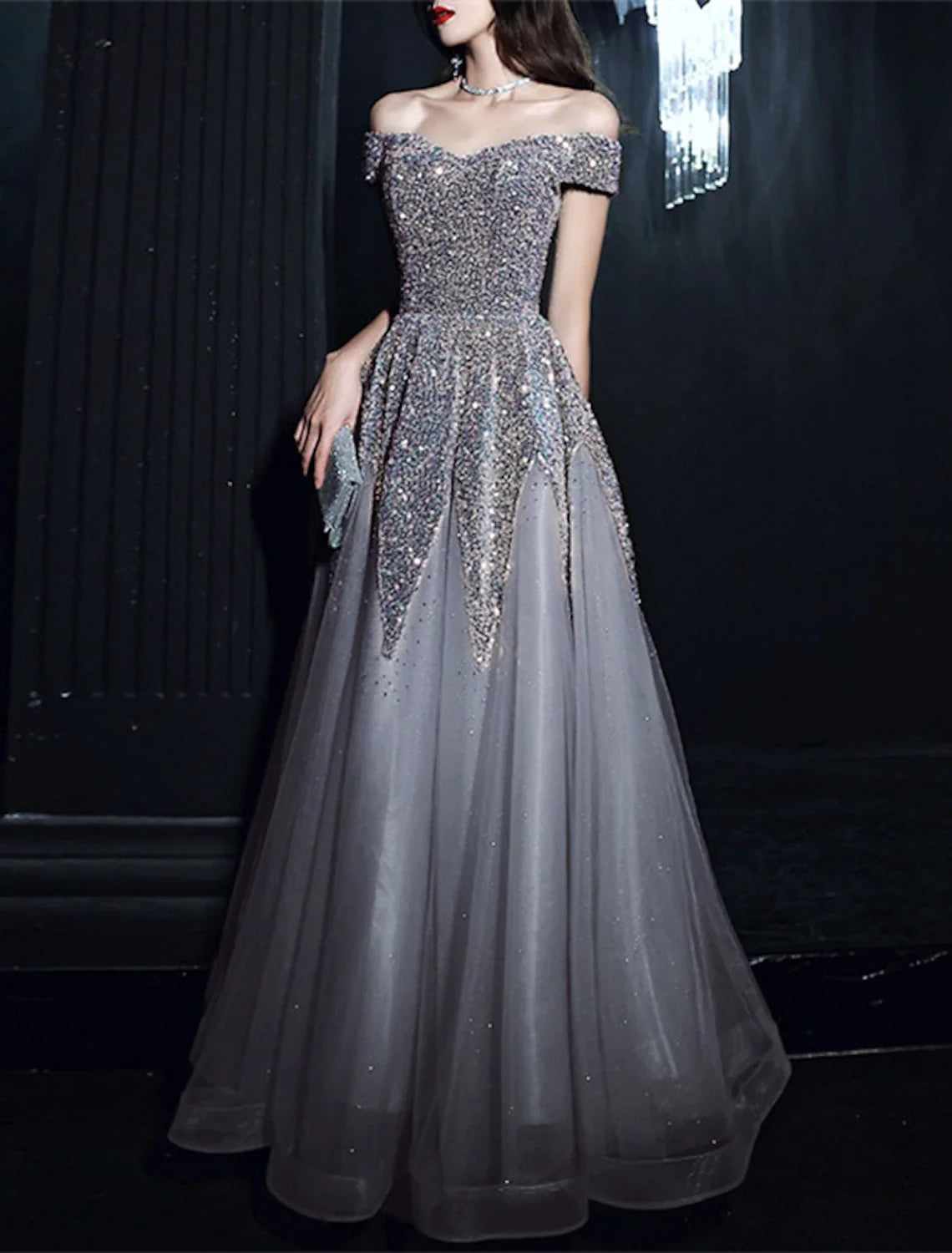A-Line Off-Shoulder Sequin Short Sleeve Floor-Length Prom Dress - Chloe Dress