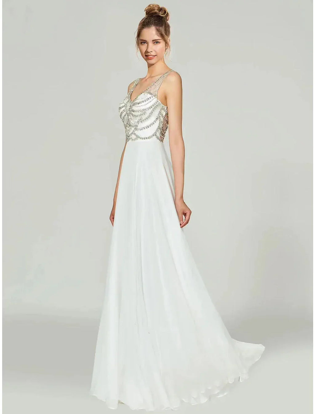 A-Line V-Neck Chiffon Sleeveless Open Back Rhinestone Floor-Length Evening Gown - Chloe Dress