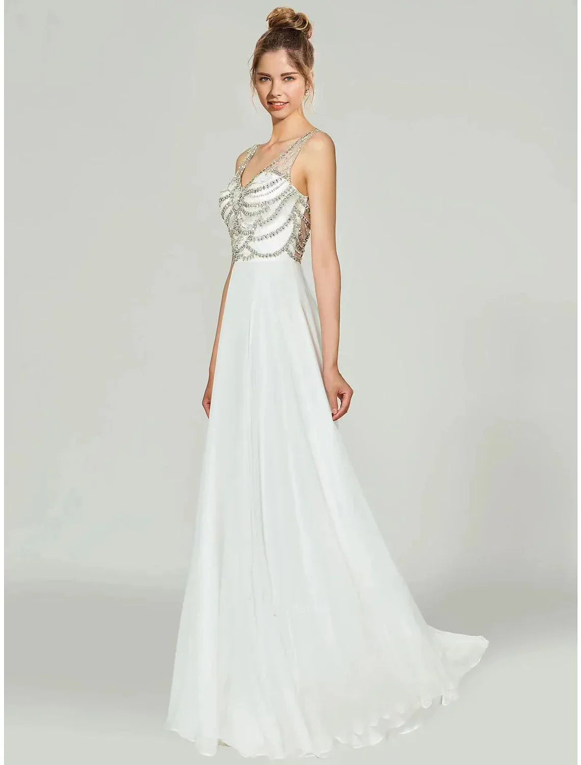 A-Line V-Neck Chiffon Sleeveless Open Back Rhinestone Floor-Length Evening Gown - Chloe Dress