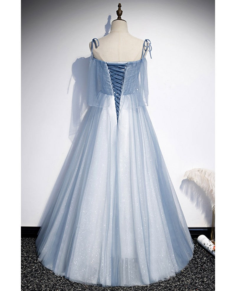 Sky Blue A-Line Lace Sleeveless Open Back Ruffled Evening Dress - Chloe Dress