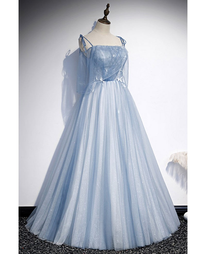 Sky Blue A-Line Lace Sleeveless Open Back Ruffled Evening Dress - Chloe Dress
