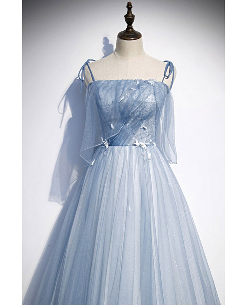 Sky Blue A-Line Lace Sleeveless Open Back Ruffled Evening Dress - Chloe Dress