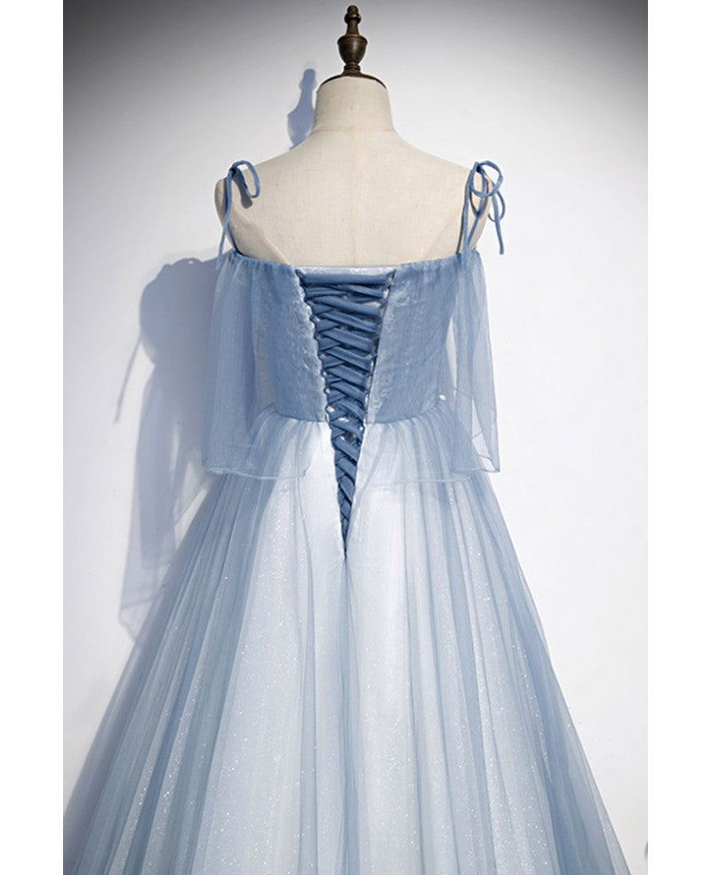 Sky Blue A-Line Lace Sleeveless Open Back Ruffled Evening Dress - Chloe Dress