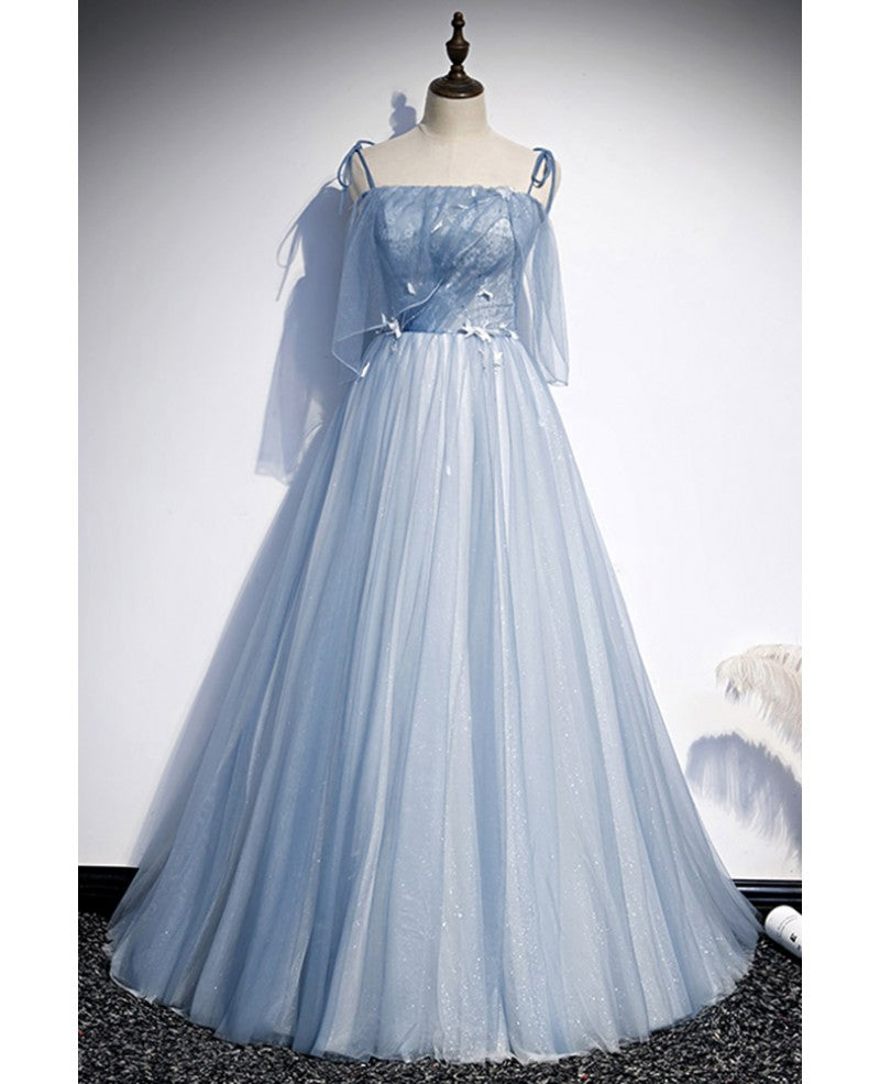 Sky Blue A-Line Lace Sleeveless Open Back Ruffled Evening Dress - Chloe Dress