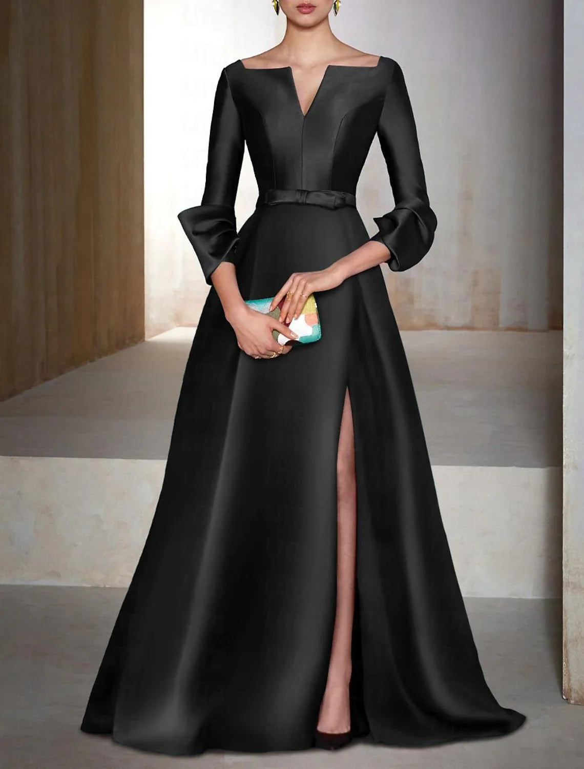 A-Line V-Neck Satin Long Sleeve Floor-Length Evening Gown - Chloe Dress