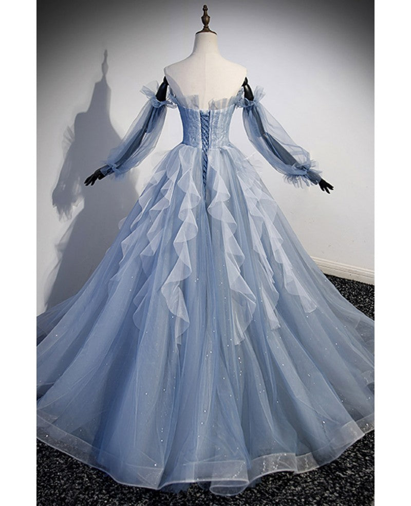 Sky Blue A-Line Strapless Sequin Long Sleeve Backless Beaded Prom Dress - Chloe Dress