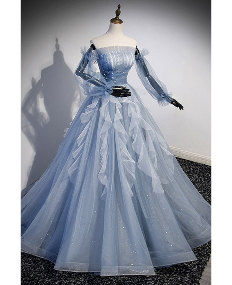 Sky Blue A-Line Strapless Sequin Long Sleeve Backless Beaded Prom Dress - Chloe Dress