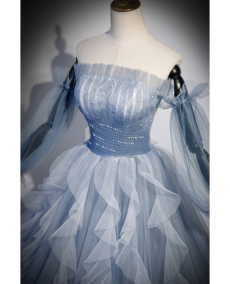 Sky Blue A-Line Strapless Sequin Long Sleeve Backless Beaded Prom Dress - Chloe Dress